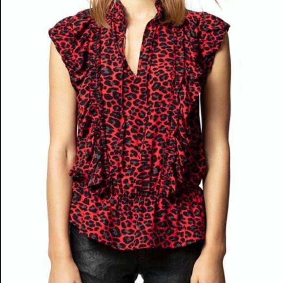 Zadig & Voltaire Tibo red leopard ruffle peplum top - Picture 9 of 9